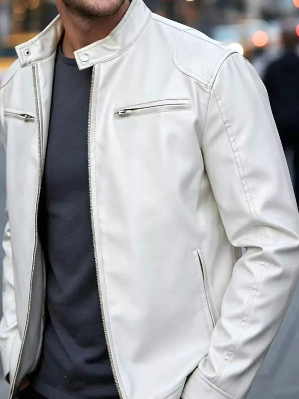 Men's full-size cream faux-leather bomber jacket with zip pockets