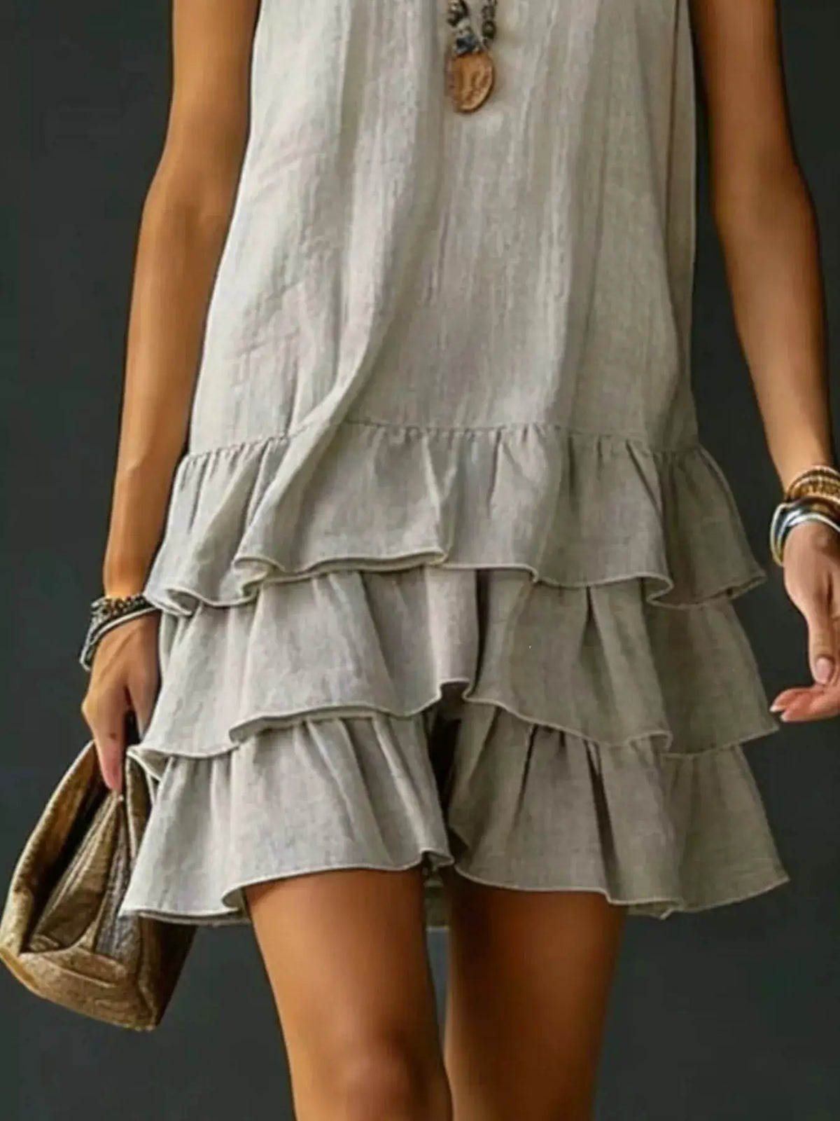 Dress by Trendsi: gray plus-size sleeveless V-neck with layered ruffle hem