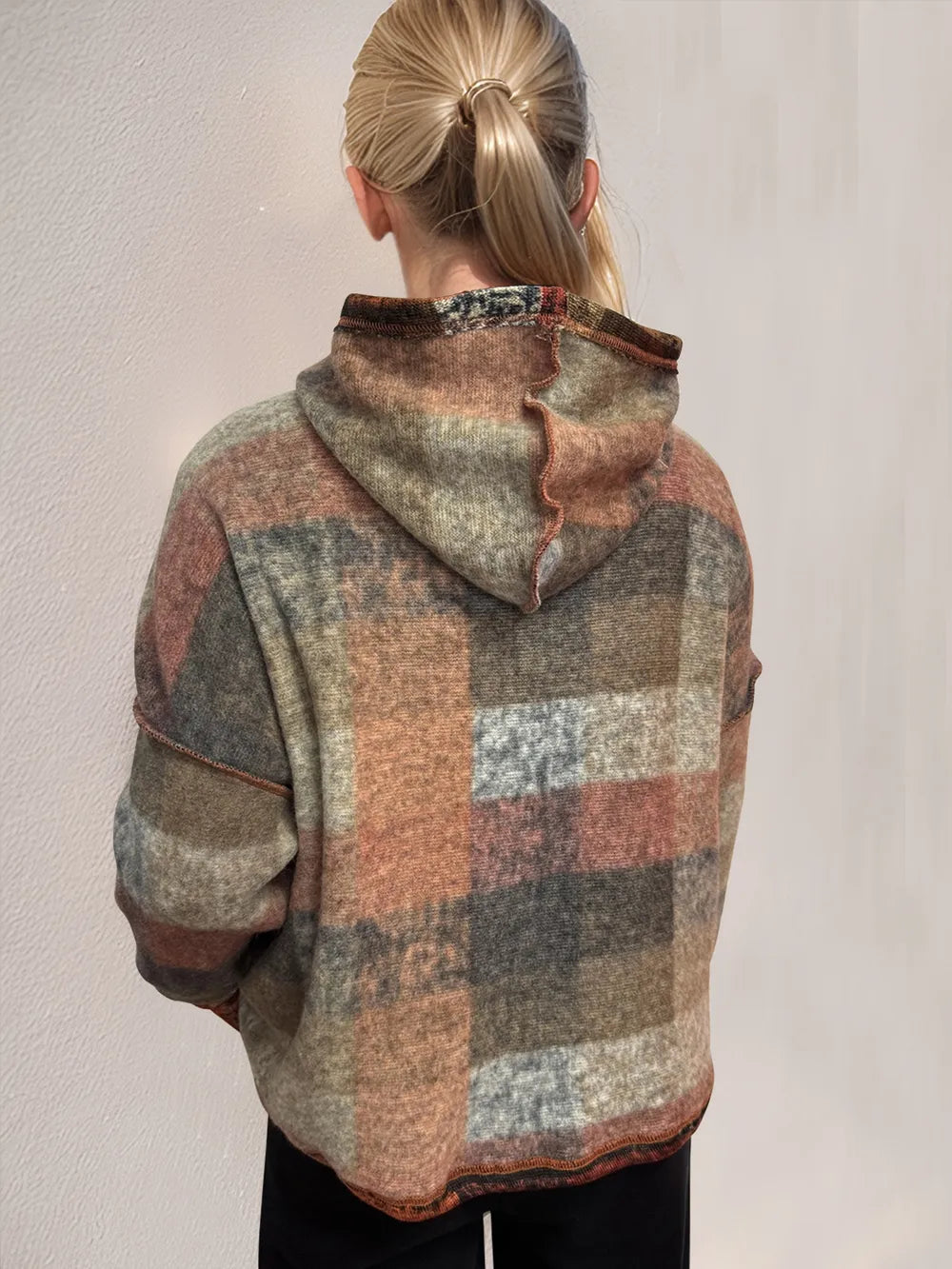 Double Take plaid fleece hoodie, earth-toned color block, dropped shoulder, plus size, back view