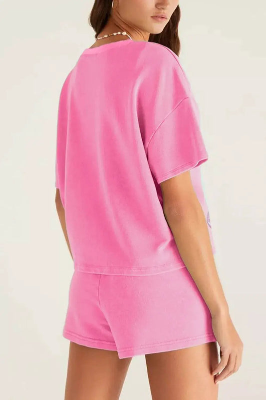 Two-piece pink Trendsi sequin Halloween pumpkin-pattern V-neck tee and drawstring shorts set