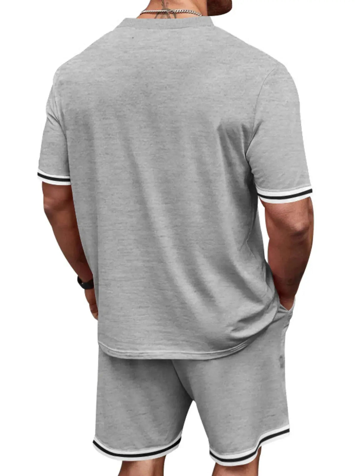 Men's two-piece grey short-sleeve tee and shorts set with black-white striped cuffs and hems
