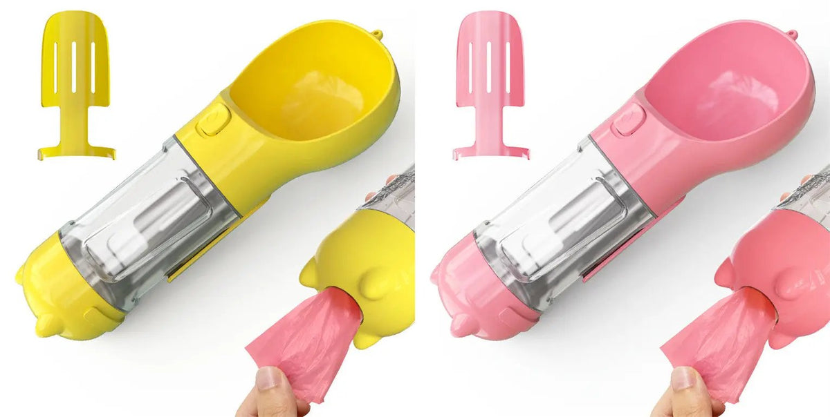 Pet water bottle feeder bowl by AdTec, 3-in-1 portable dog accessory, yellow and pink