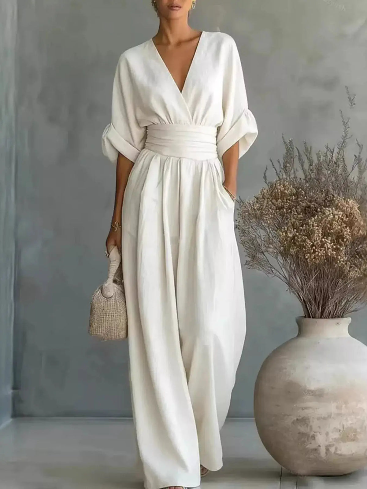 Jumpsuit, cream-white wide-leg, half sleeves with rolled cuffs, plus size, Trendsi.
