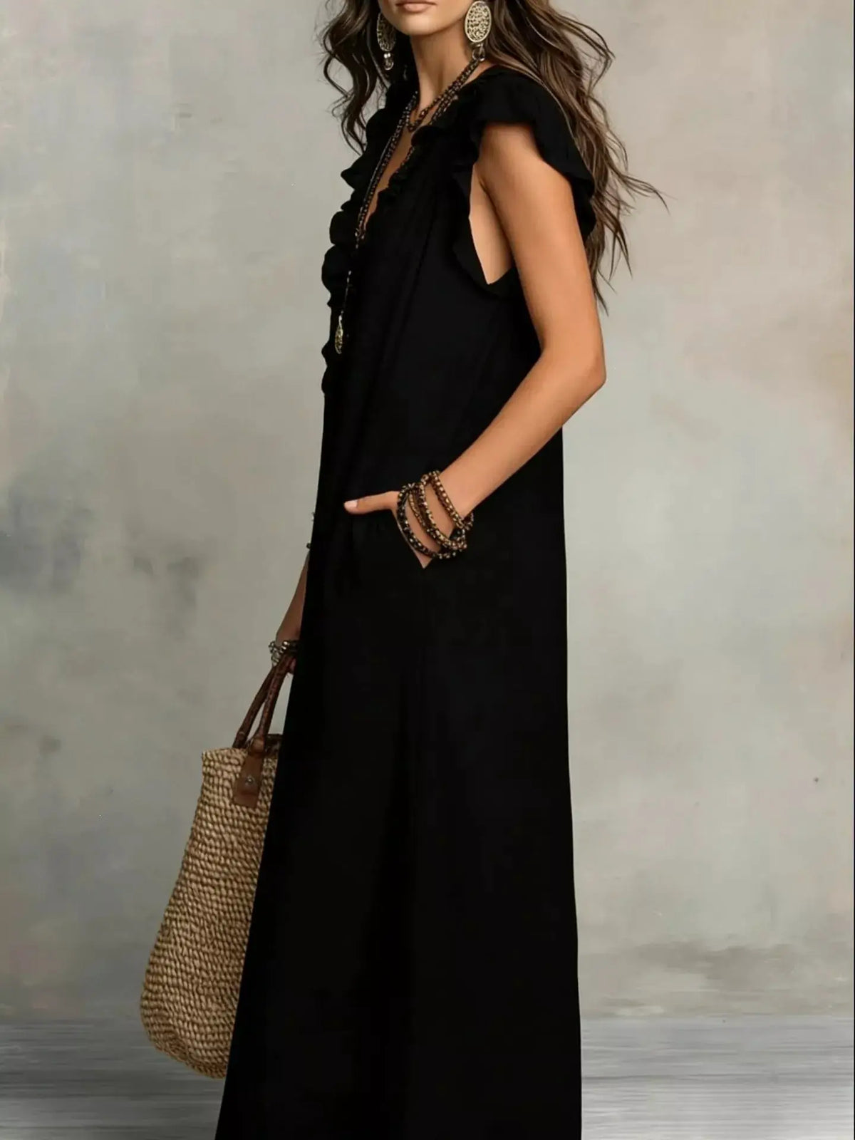 Trendsi full-size black ruffled V-neck cap-sleeve maxi dress, plus size