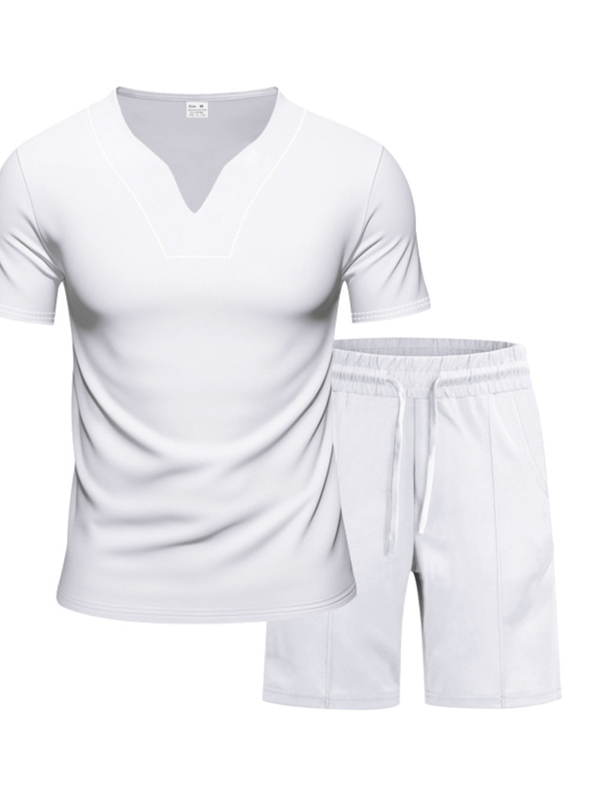 Trendsi men's plus-size white V-neck short-sleeve T-shirt and drawstring shorts set