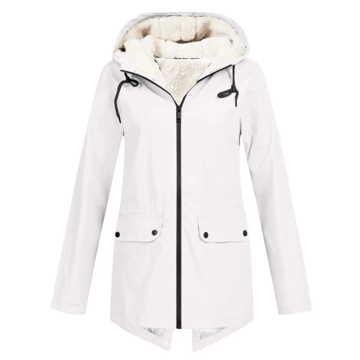 Unisex white hooded parka by AdTec, insulated with velvet lining and windproof front zipper