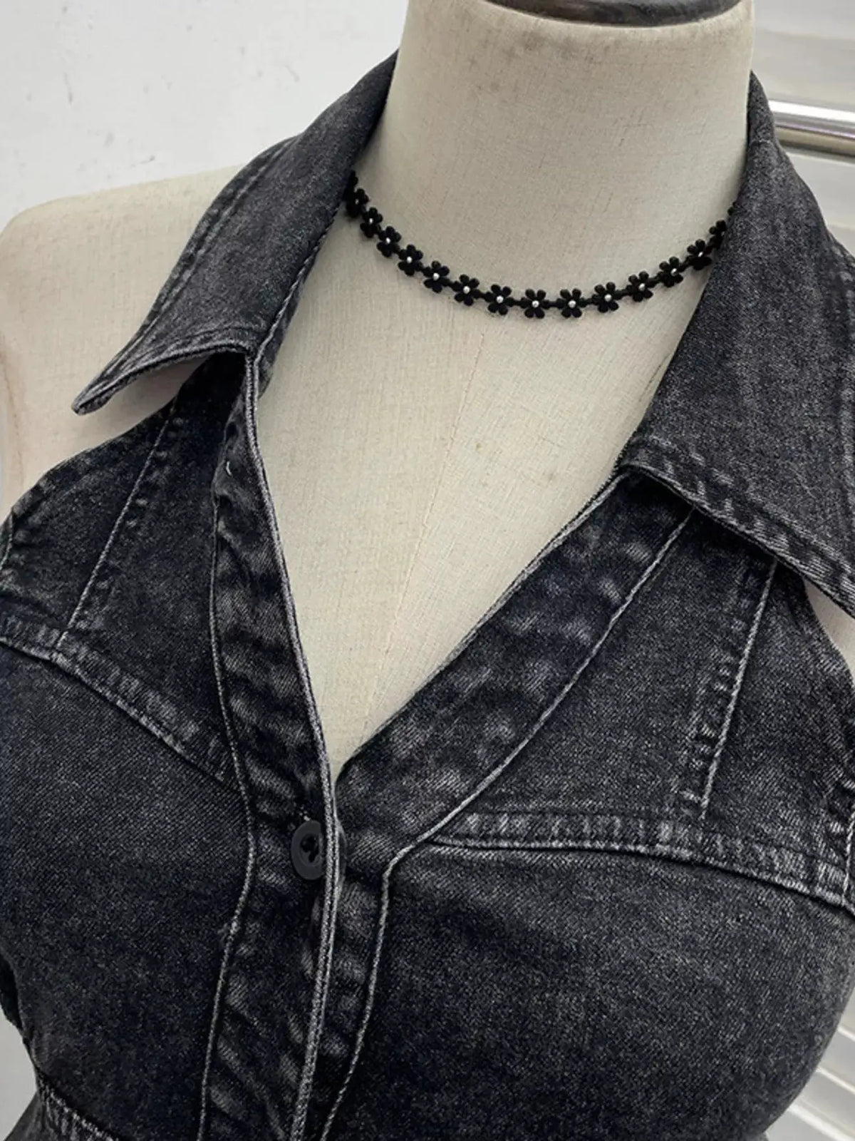 Premium Textured Smocked Denim Halter Top in dark wash with a soft spandex blend