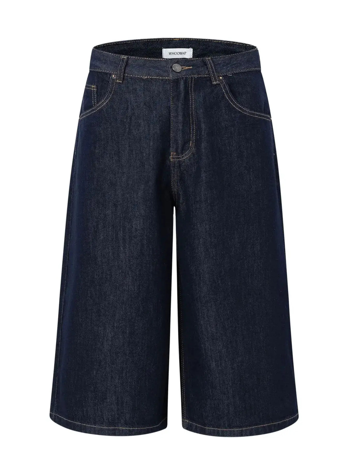 Men's wide-leg denim shorts in dark indigo cotton with tan top-stitching and front pockets, Whoowap label.