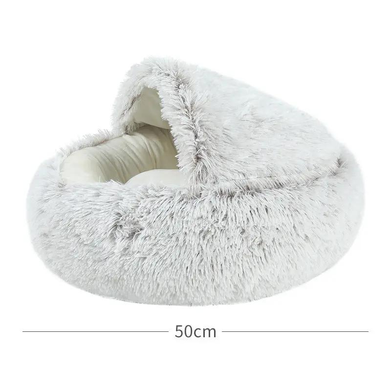 Round plush cat bed by AdTec, light gray velvet, 50cm diameter.