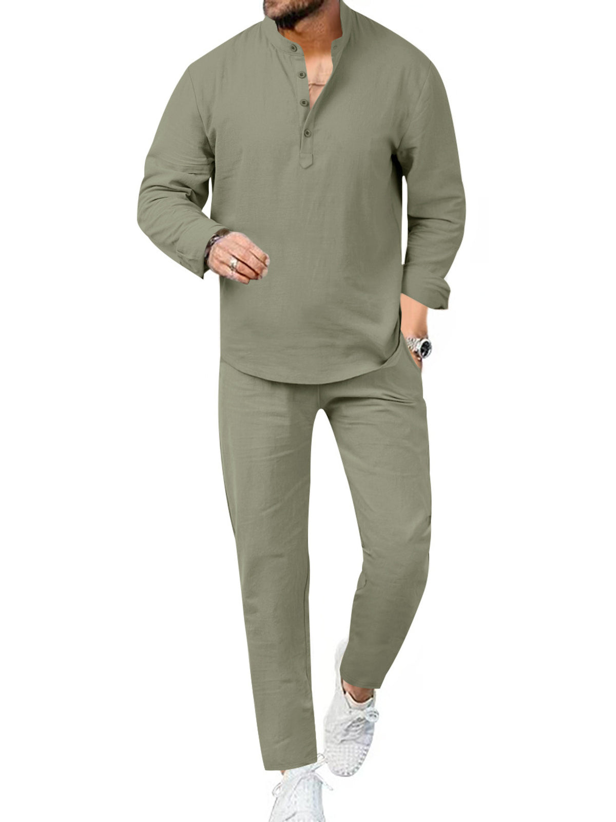 Men's plus-size casual long-sleeve shirt and pants set in olive green, Henley-style top with button placket