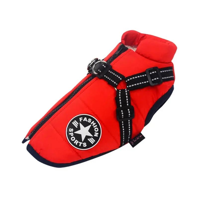 Red dog jacket with black harness straps, white stitching, and a round Fashion Sports patch