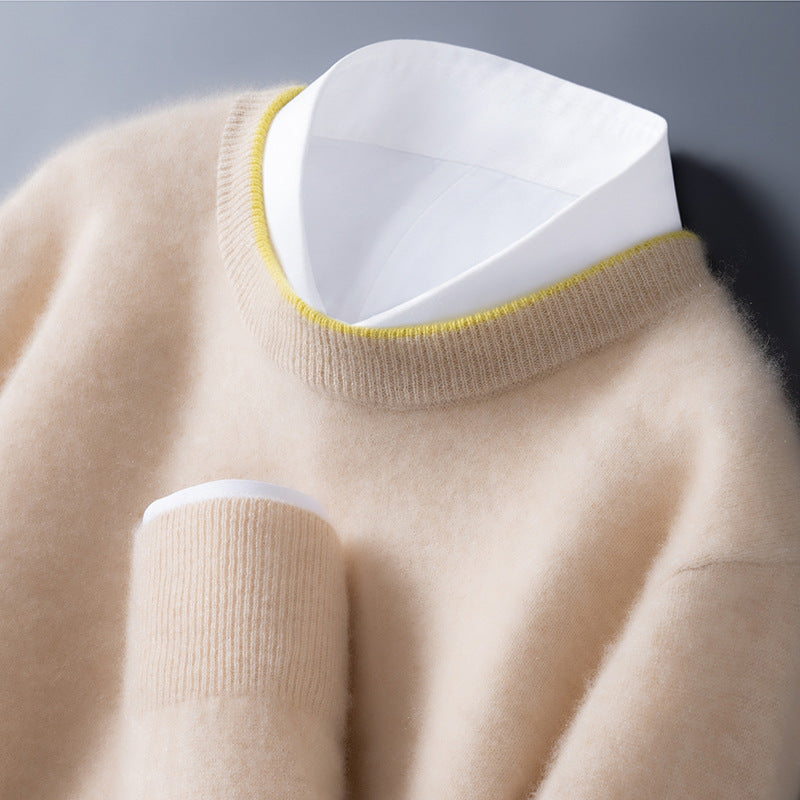 Men's beige crew-neck sweater with white shirt underneath and yellow neckline trim
