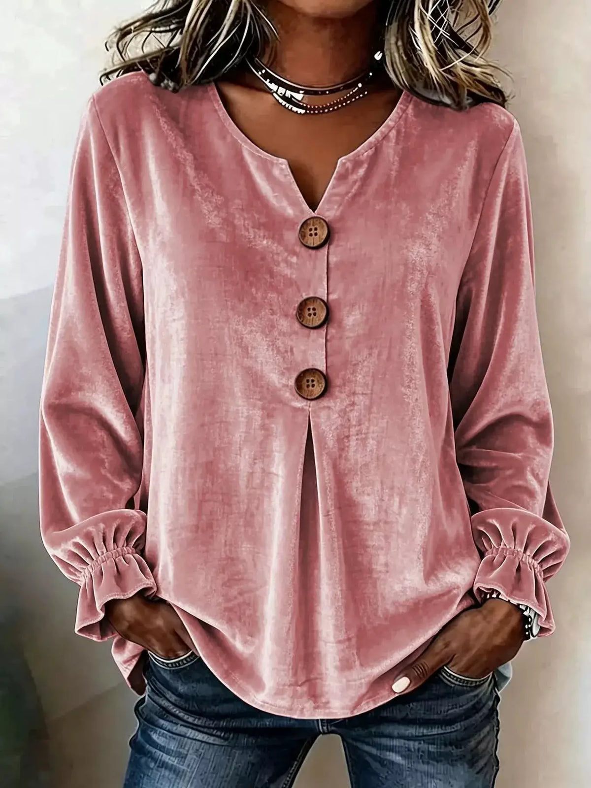 Velvet button-front blouse in pink with wooden buttons and ruffled cuffs, plus size.