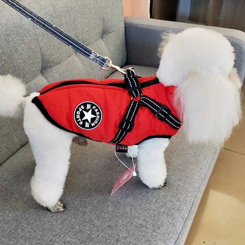 Waterproof red dog coat with harness, winter jacket for dogs.