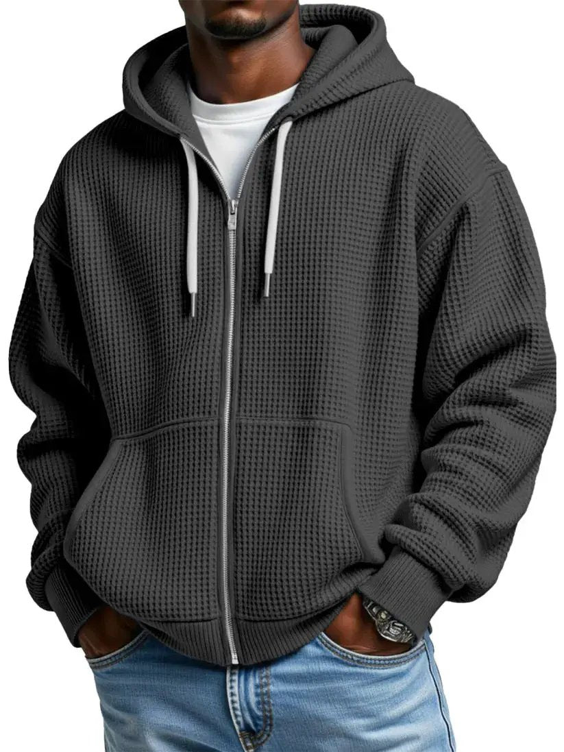 Mens zip-up hoodie in dark gray waffle-knit fabric with kangaroo pockets and ribbed cuffs