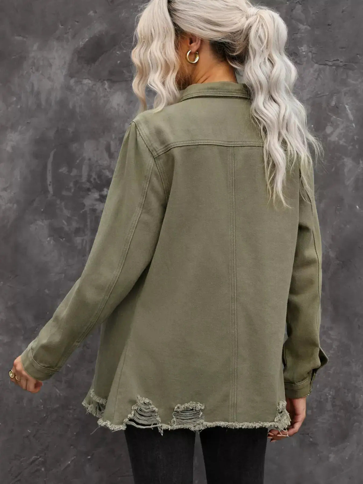 Olive green heavyweight denim shirt jacket with distressed raw-hem bottom