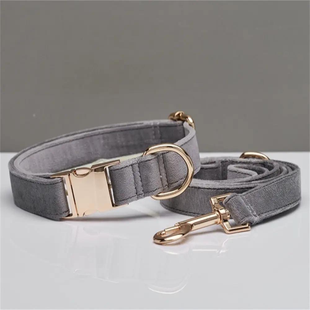Velvet dog collar and leash set in grey with rose-gold hardware, AdTec