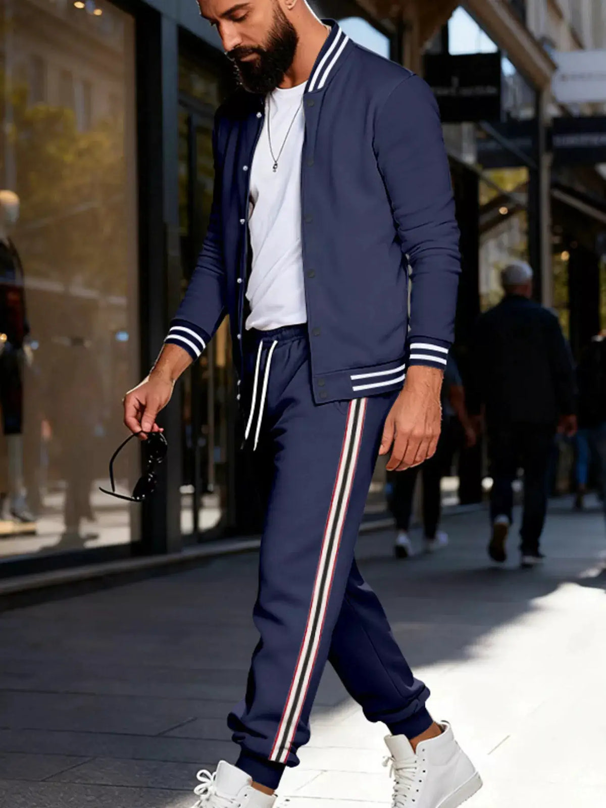Men's navy striped snap-front loungewear set with drawstring waist and pockets