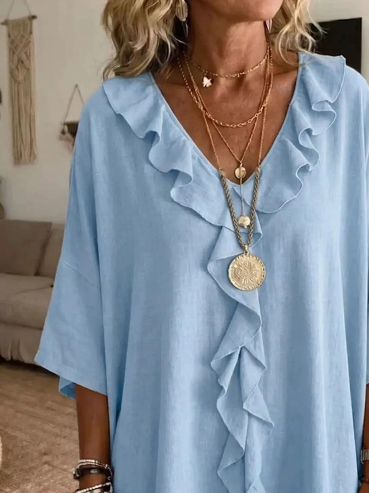 Plus Size light blue ruffle V-neck blouse with 3/4 sleeves by Trendsi