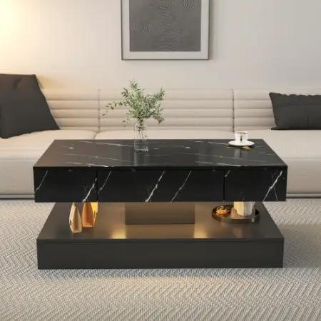 AdTec LED coffee table, 6.93in high, black marble top with white veining and gold-accented lower shelf.
