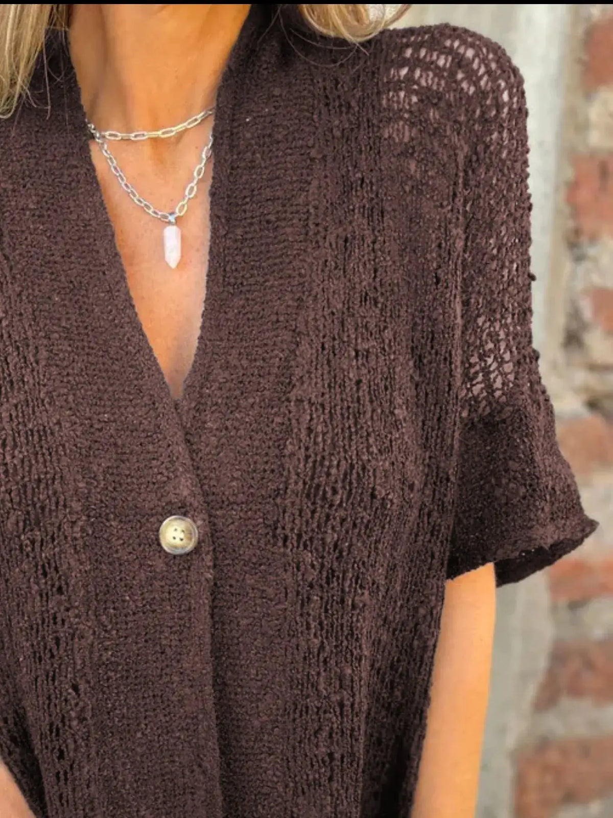 Plus size openwork cardigan in dark brown sheer knit with one front button, Trendsi.