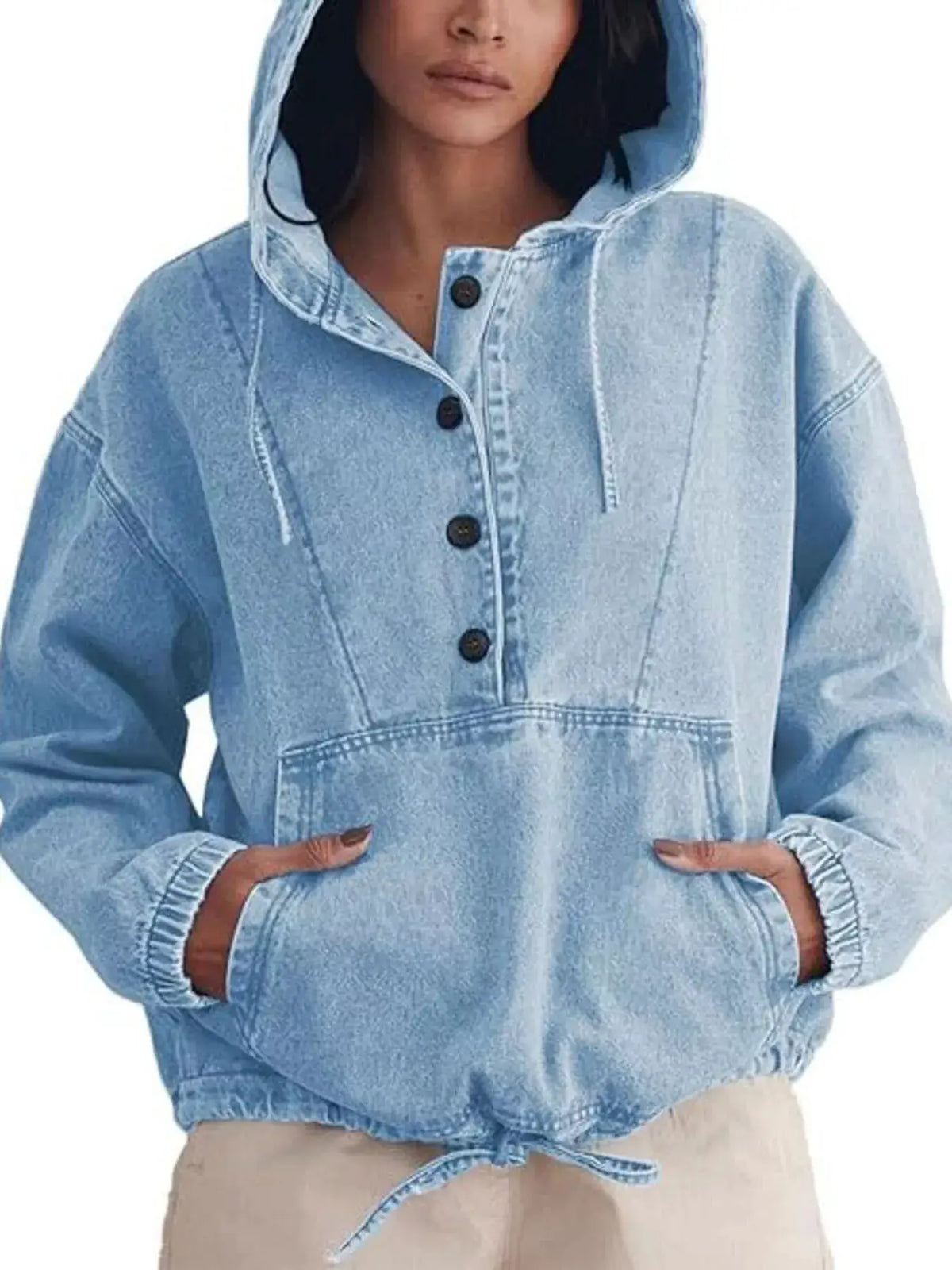 Casual hooded denim jacket with kangaroo pocket and drawstring hem in light wash denim by Trendsi