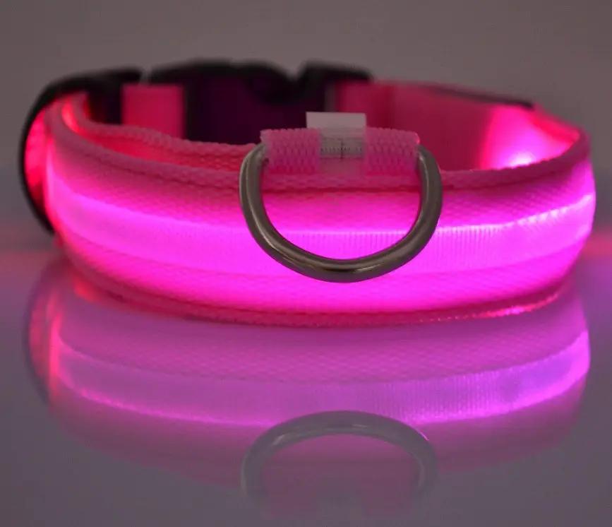 AdTec nylon LED pet collar, pink glowing, adjustable dog/cat safety collar with flashing lights