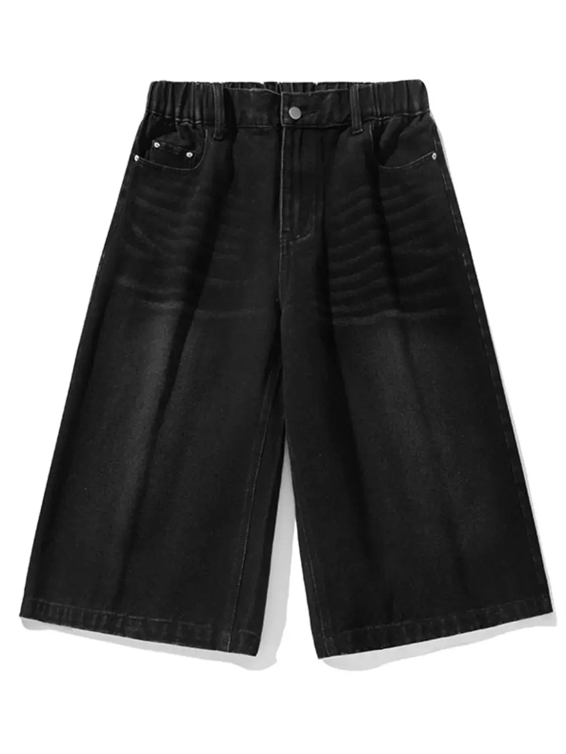 Men's plus-size stretchy denim shorts in black with elastic waistband and deep pockets