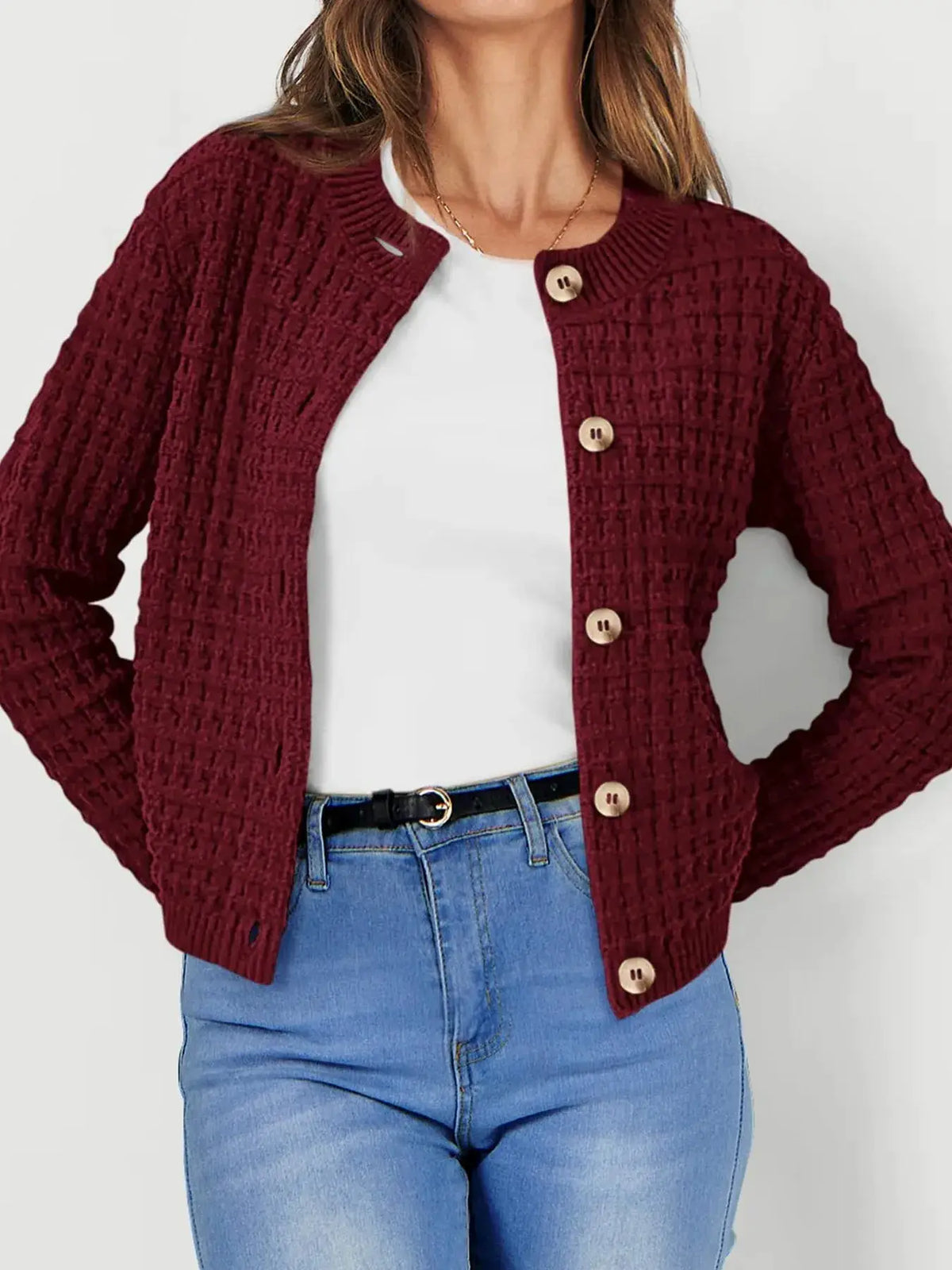 Textured stretchy knit button-front cardigan in burgundy with beige wooden buttons