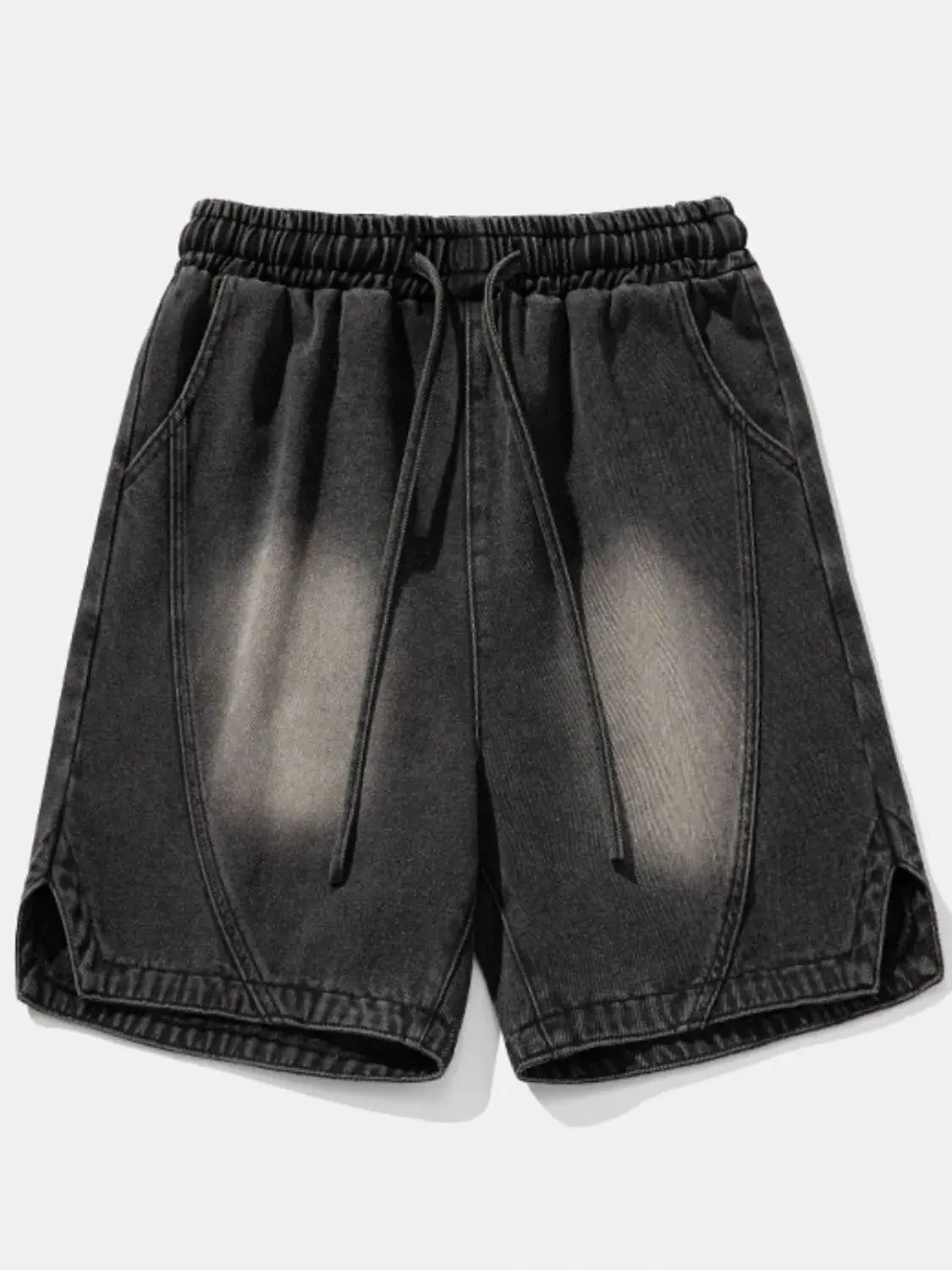 Men's plus-size cotton denim shorts with drawstring waistband, black, relaxed fit, Trendsi