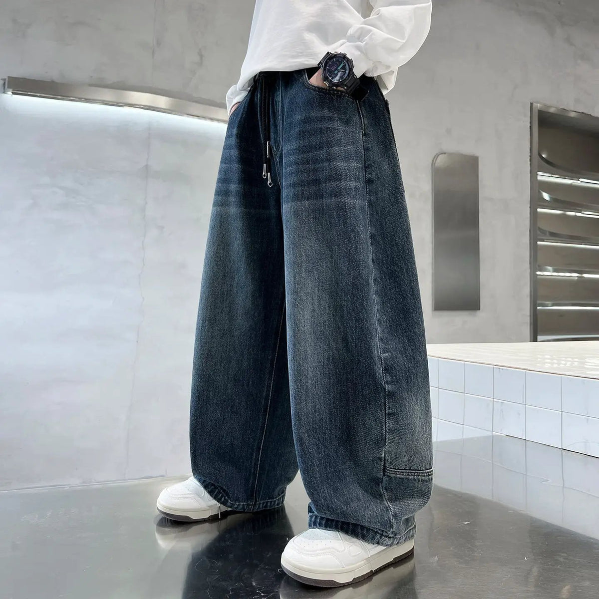 Trendy Boys Straight Wide Leg Denim Jeans in blue denim for daily wear