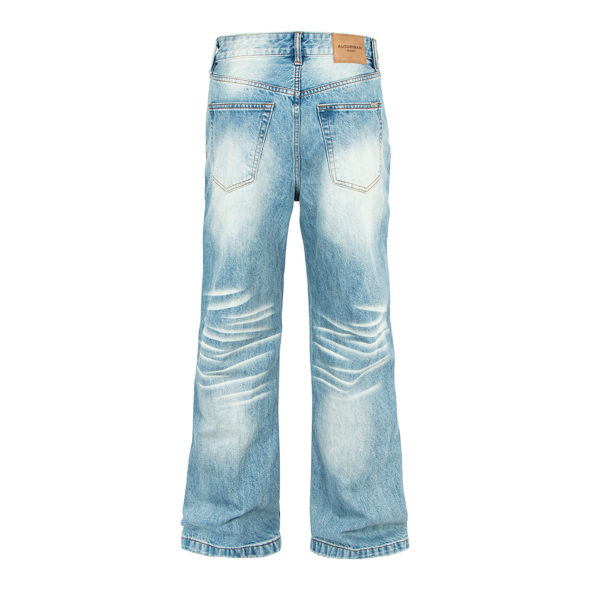 Washed light-blue denim flare jeans with back pockets and faded distressing; rear view.