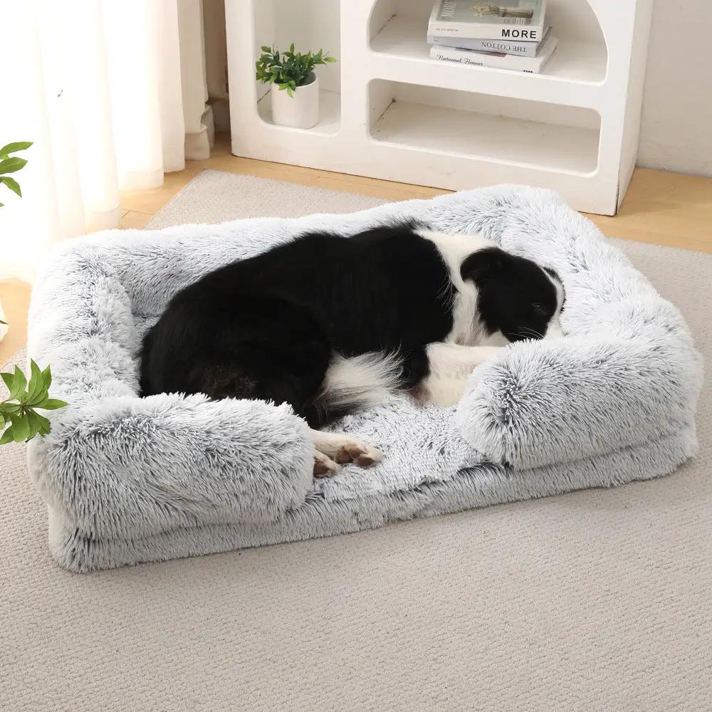 Plush round dog bed in light gray faux fur for cozy winter naps
