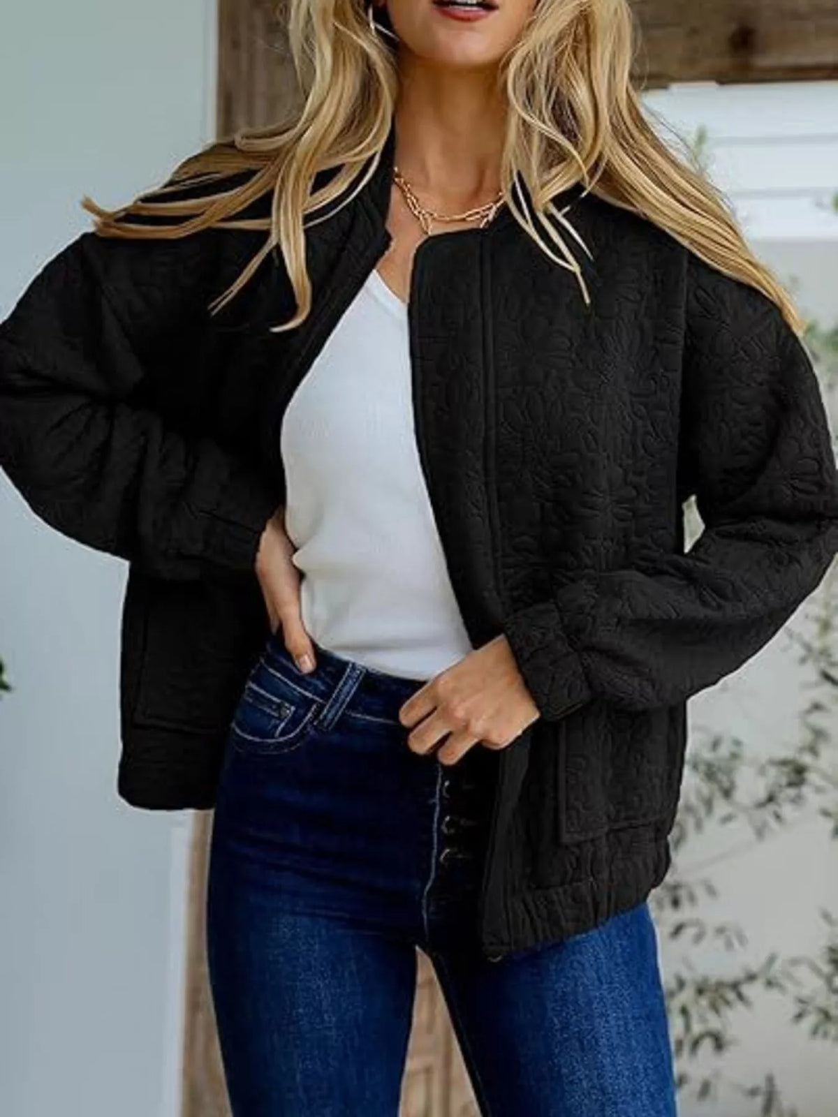 Premium floral quilted lightweight zip-up jacket in black for daily wear