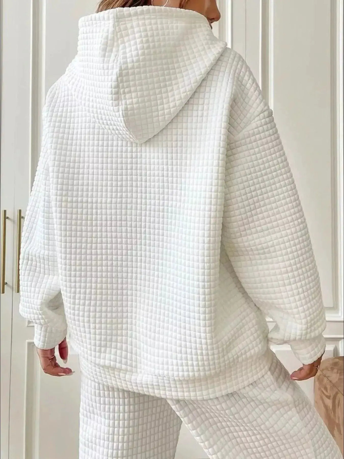Full Size Textured Kangaroo Pocket Hoodie Plus Size back view of white quilted hoodie