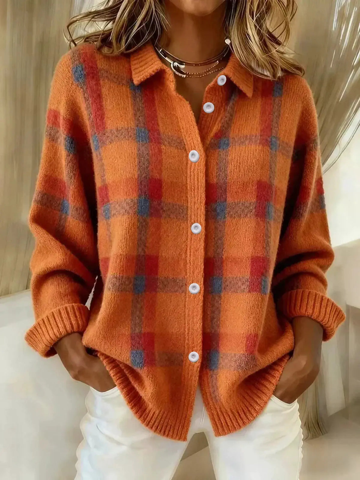 Stretchy plaid button-front acrylic knit cardigan by Trendsi, orange plaid pattern