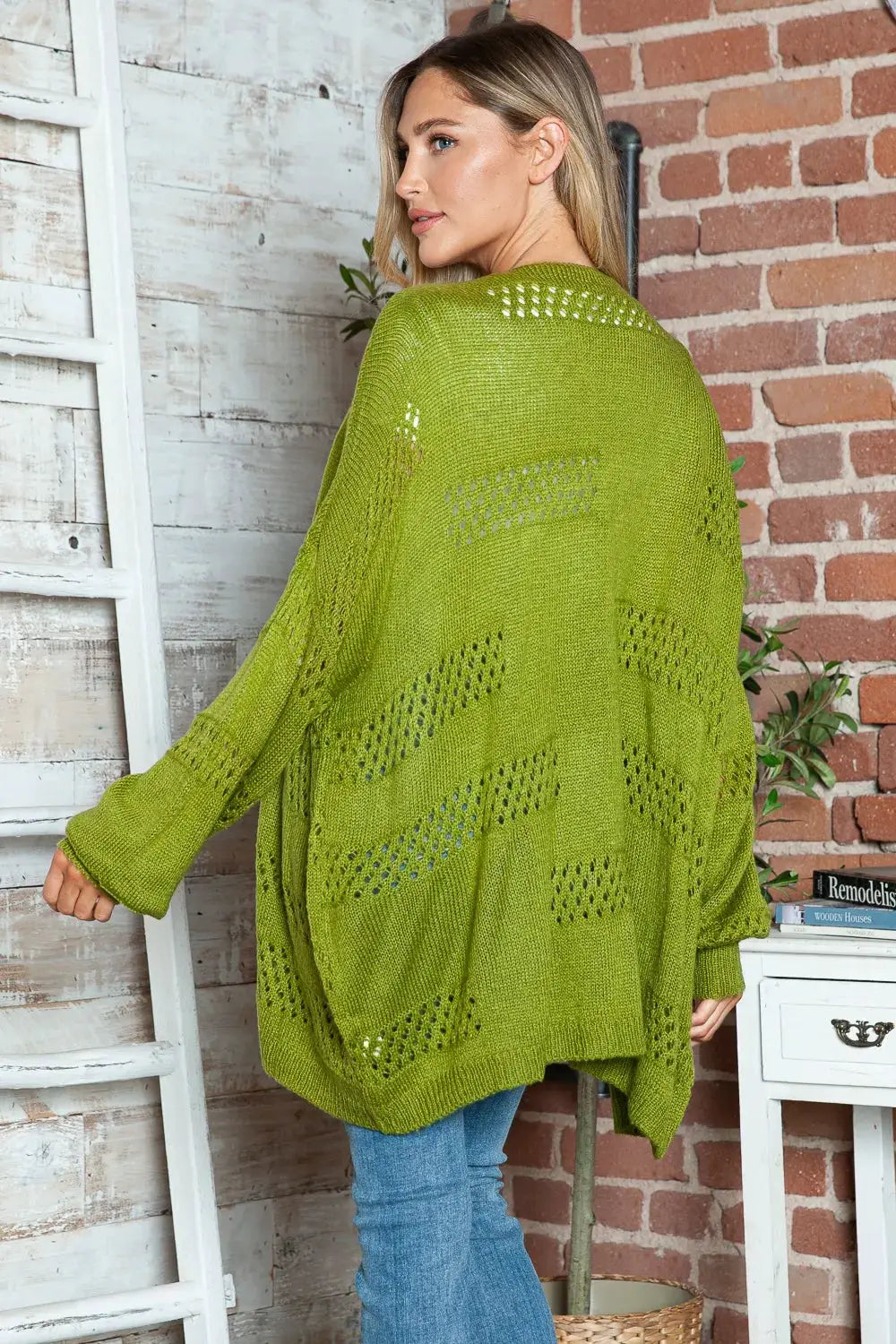 Openwork acrylic cardigan in lime green with open front and long sleeves