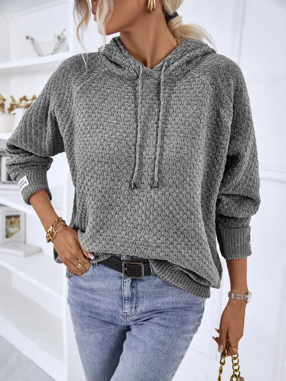 Textured gray drawstring hoodie sweater, long sleeves, premium polyester