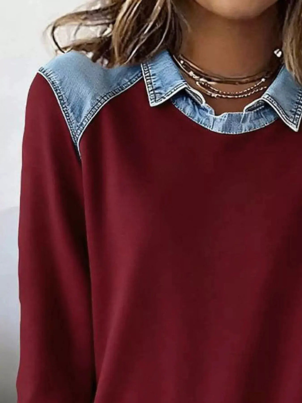 Classic plus-size long-sleeve top with denim trim overlay in burgundy
