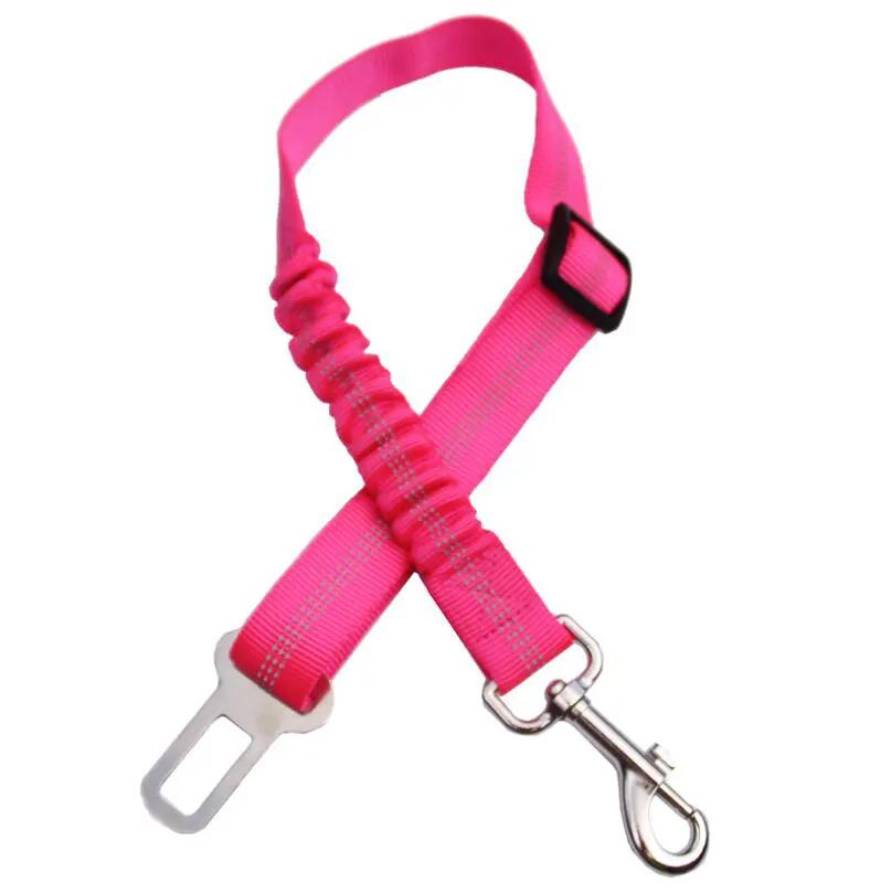 Adjustable pink dog car seat belt with elastic coil and metal clip