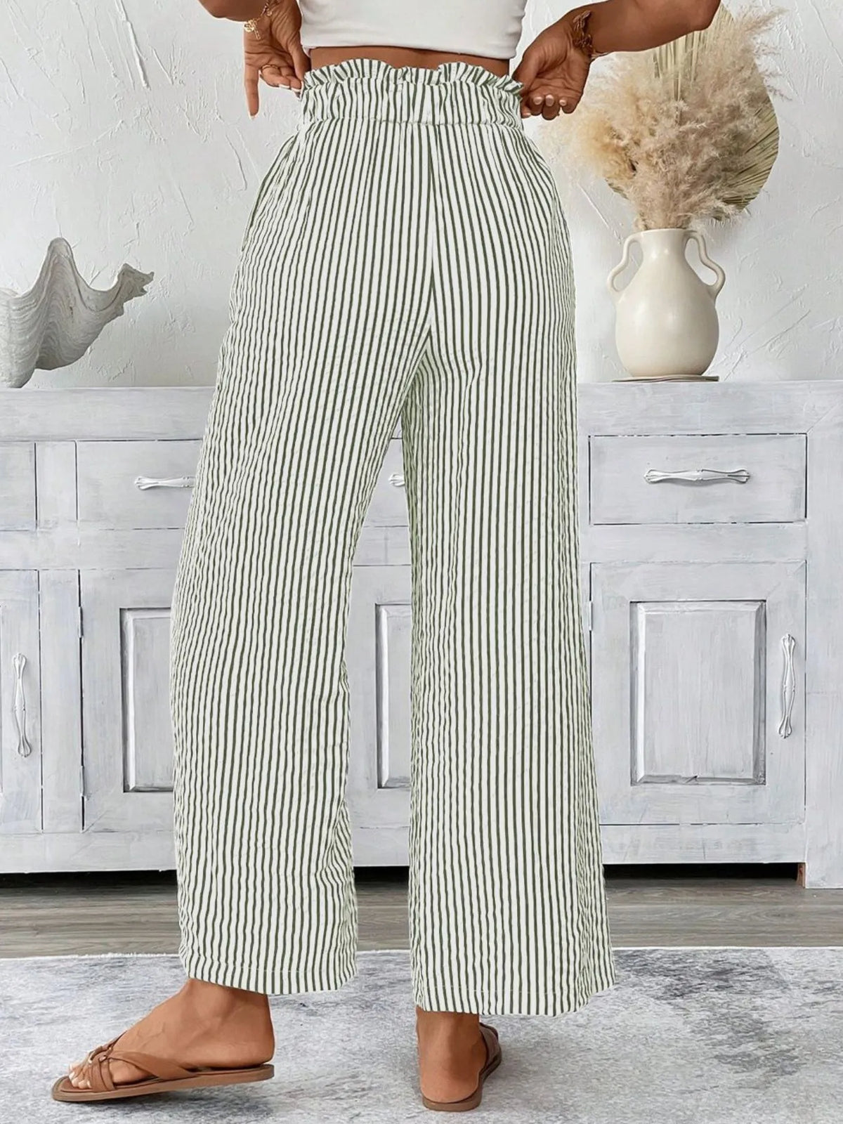 Full Size Striped Wide-Leg Paper Bag Pants, green and white, pocketed, tied waist