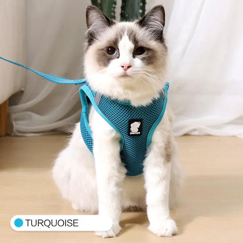 Anti-strike cat traction harness in turquoise mesh worn by a fluffy cat; AdTec