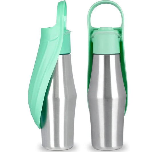 Two portable pet dog water bottles with green silicone leaf sleeve and stainless steel body