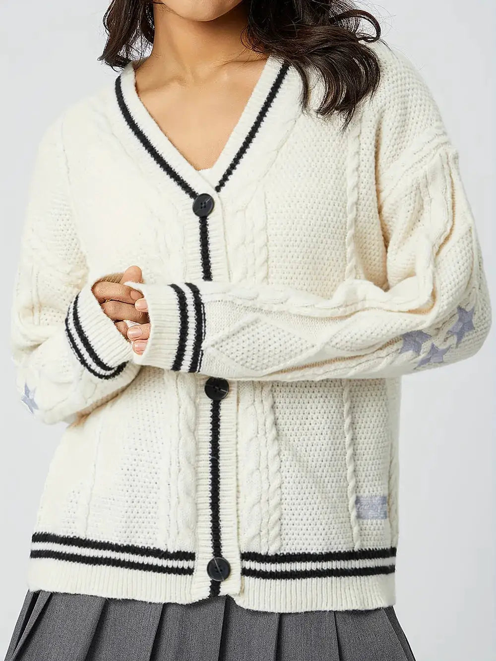 Womens Star-embroidered V-Neck knit cardigan in ivory with black striped cuffs and hem by Trendsi