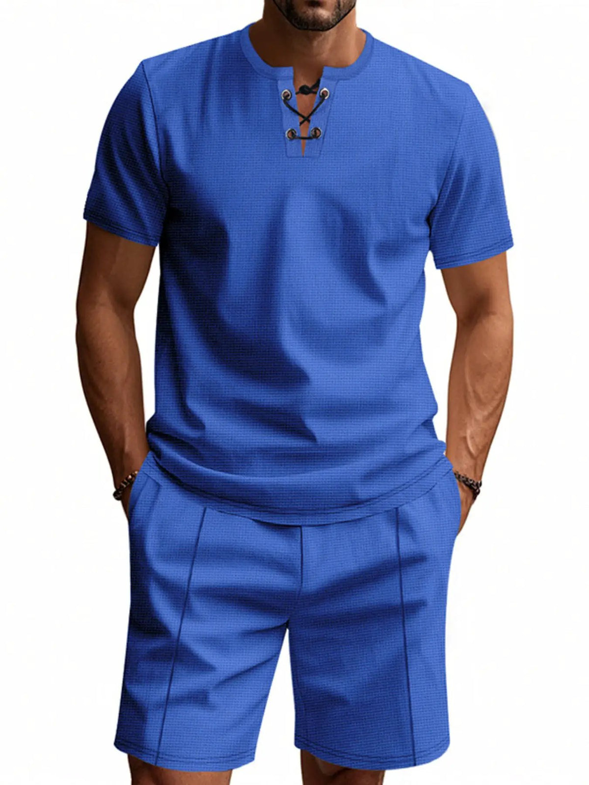 Trendsi men's plus-size blue casual tee with lace-up neckline and matching blue pocketed shorts set