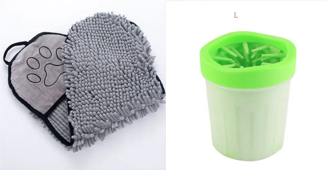 AdTec 2-piece pet towels and brush set: gray microfiber dog/cat towels with lime-green bath brush