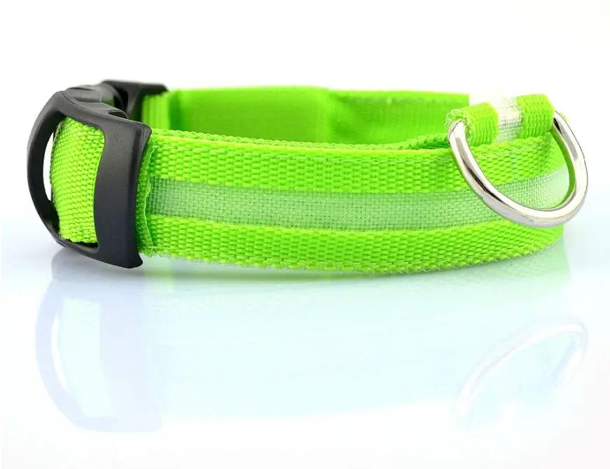 Nylon LED dog collar by AdTec in neon green adjustable with reflective stripe and metal D-ring