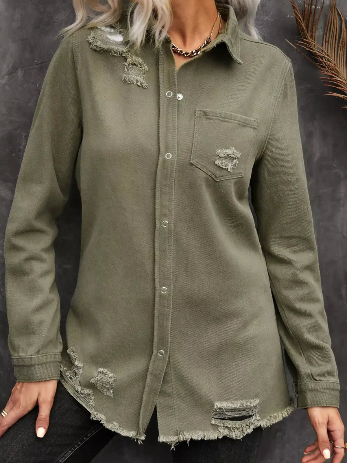 Premium heavyweight raw-hem distressed denim shirt jacket in olive green with front chest pocket