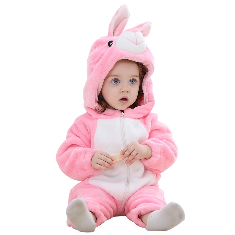 Baby animal jumpsuit in pink plush with white belly, hood with bunny ears and footed design