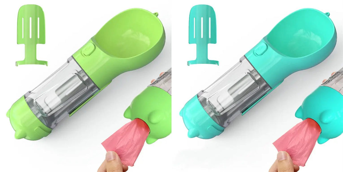 Pet water bottle feeder with bag storage; 2 color variants green and teal AdTec